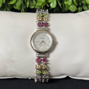 GW Quartz watch multi-gemstone bracelet stamped 925 EG Silver